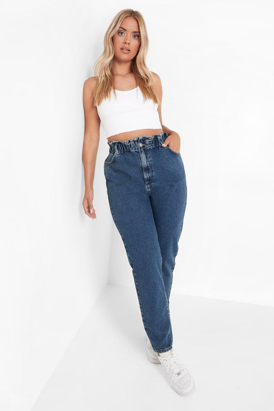 Dark wash Petite - Mom jeans med paperbag-midja image number 1