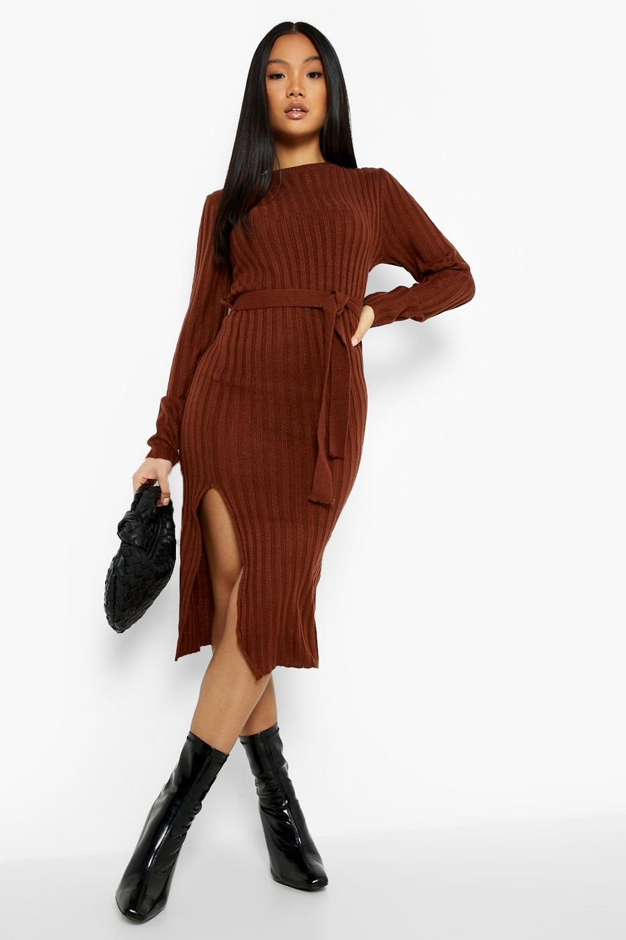 ערמוני marrón שמלת סוודר מידי פטיט סרוגה עם חגורה