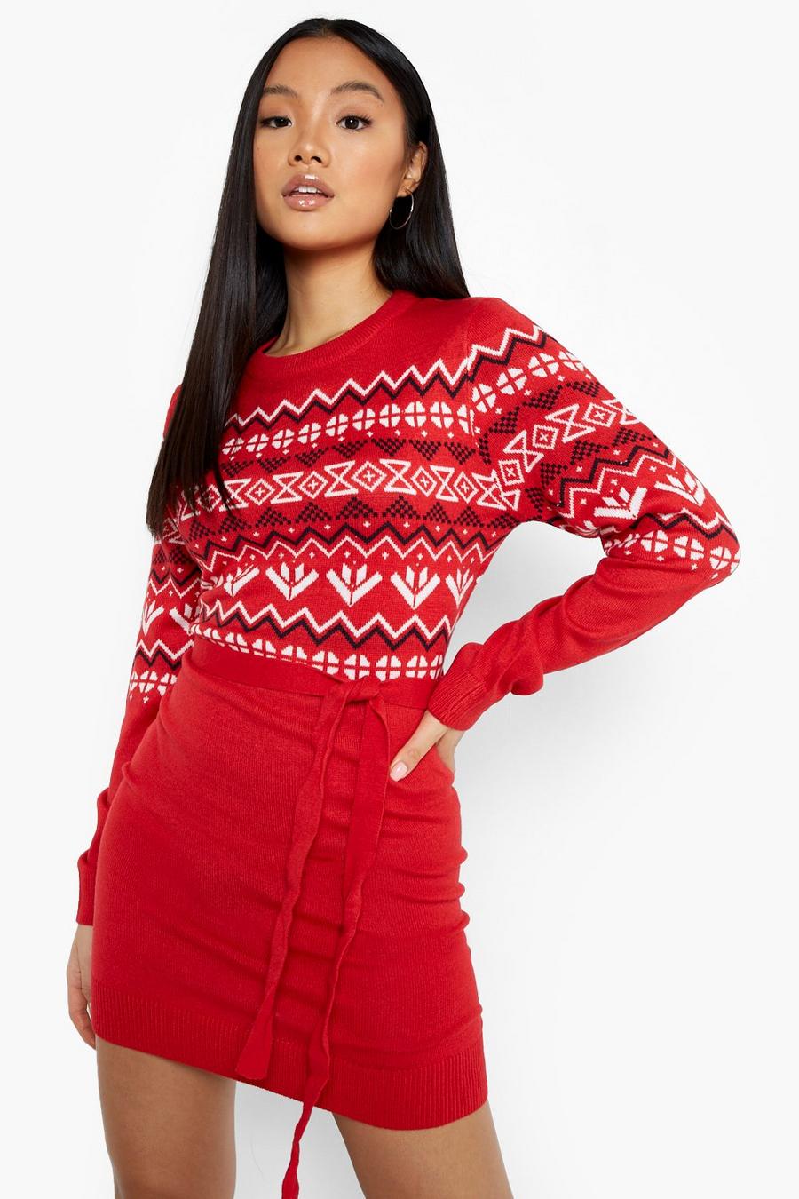 Red röd Petite Belted Knitted Christmas Jumper Dress image number 1