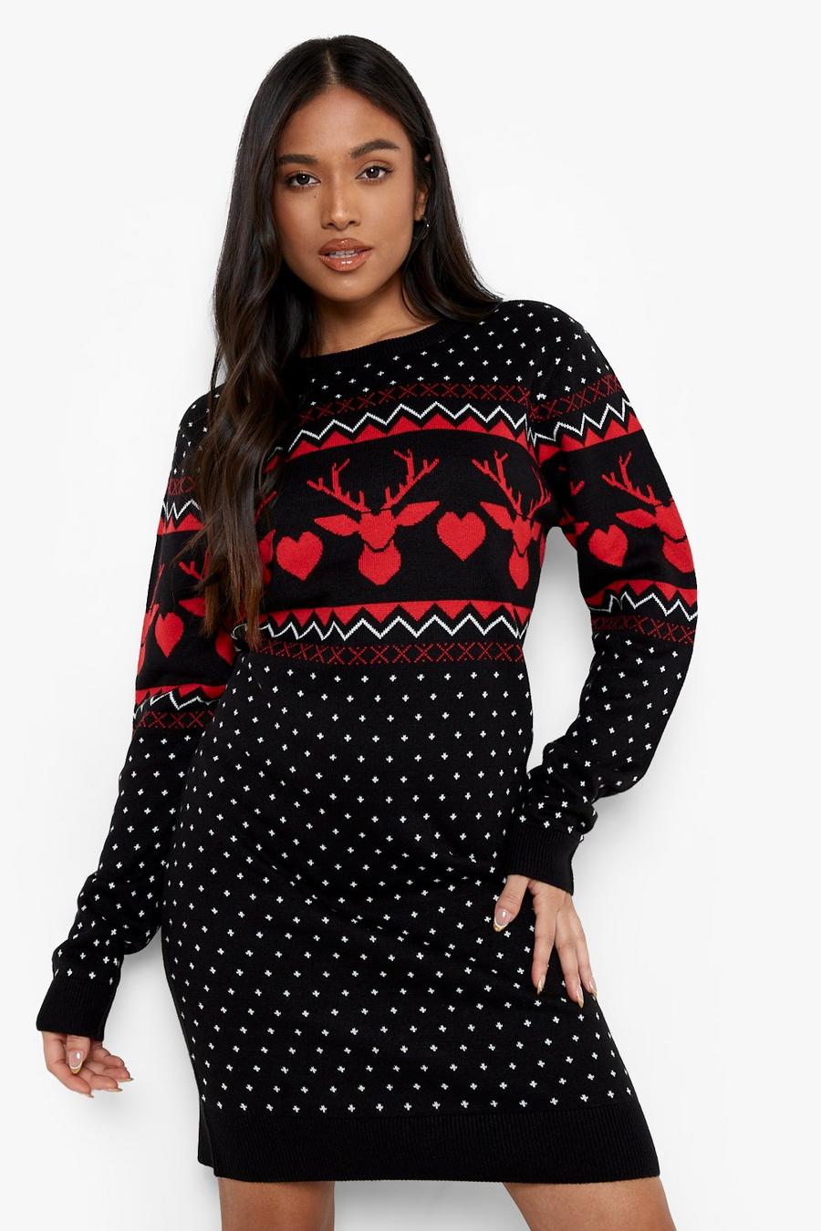 Black svart Petite Heart Reindeer Christmas Jumper Dress