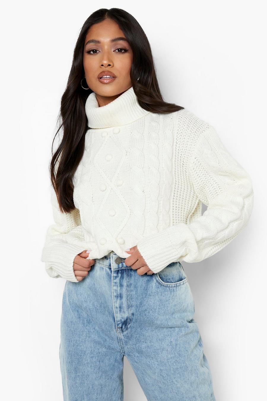 White Petite Cable Pom Pom Roll Neck Crop Jumper image number 1