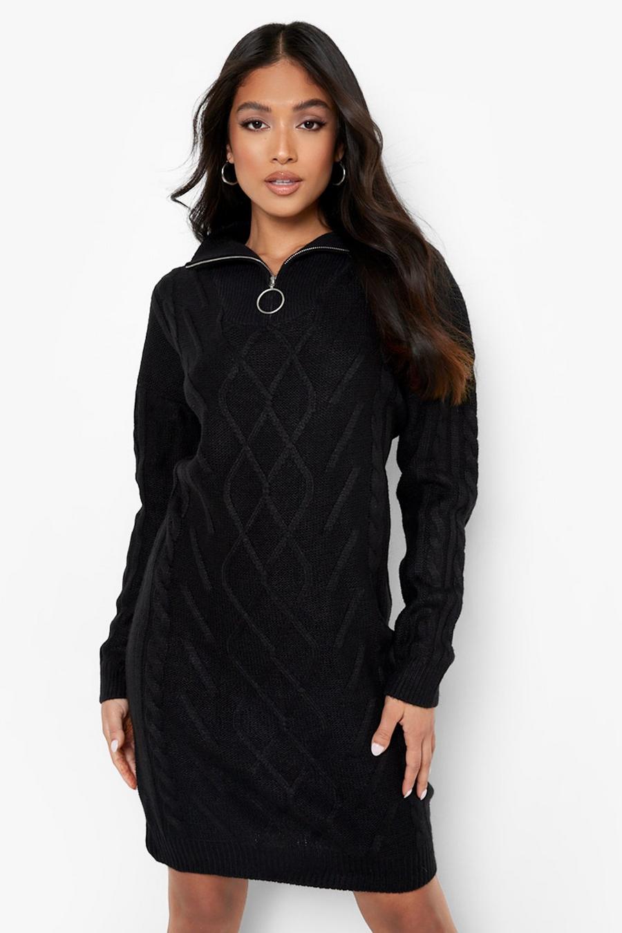 Black Petite Zip Collar Cable Knit Sweater Dress image number 1