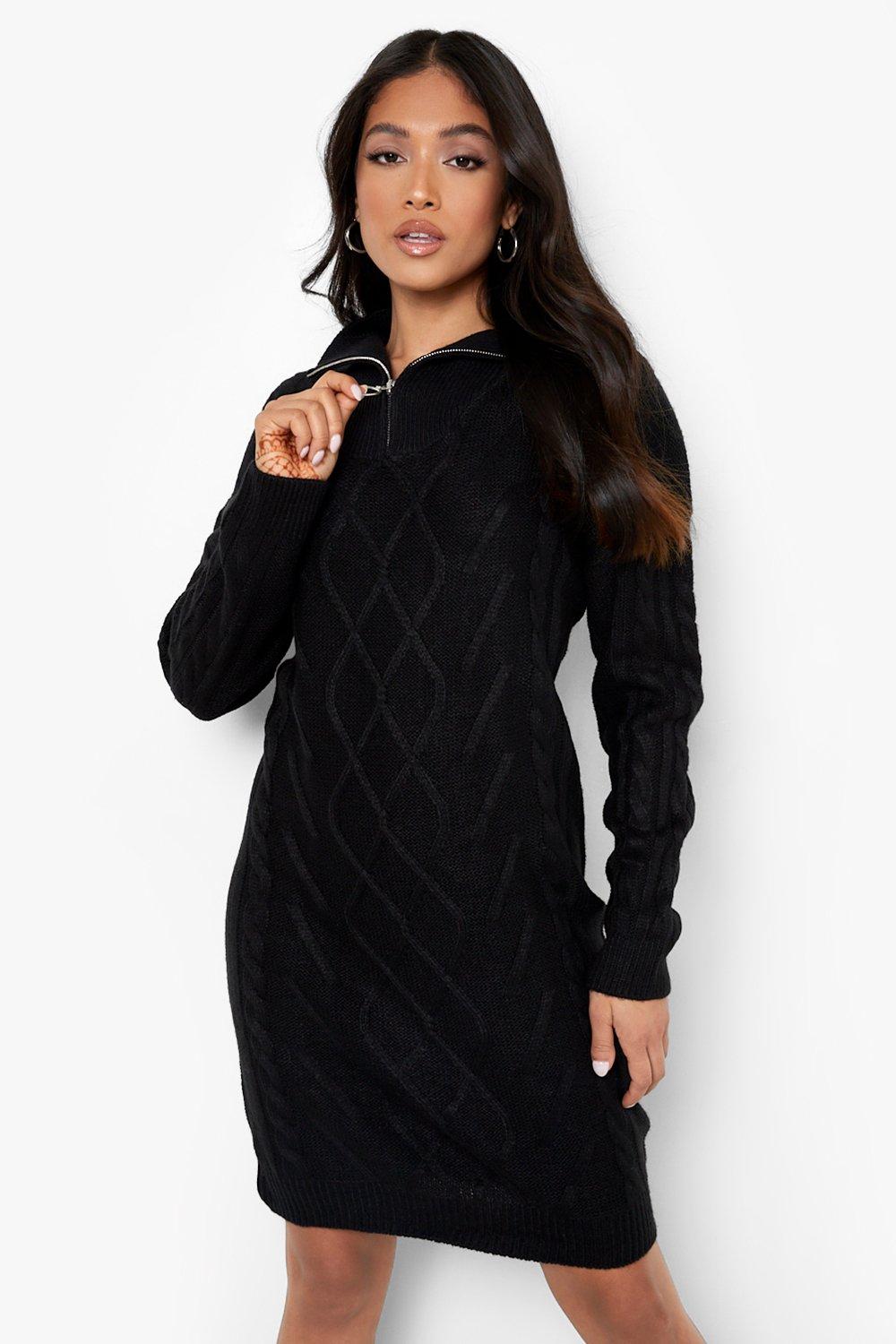 Petite Zip Collar Cable Knit Jumper Dress boohoo UK