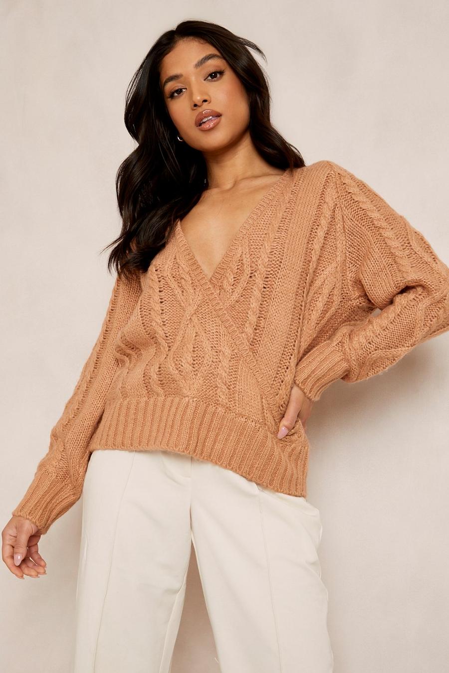 Camel Petite Cable Knit Wrap Tie Back Sweater image number 1