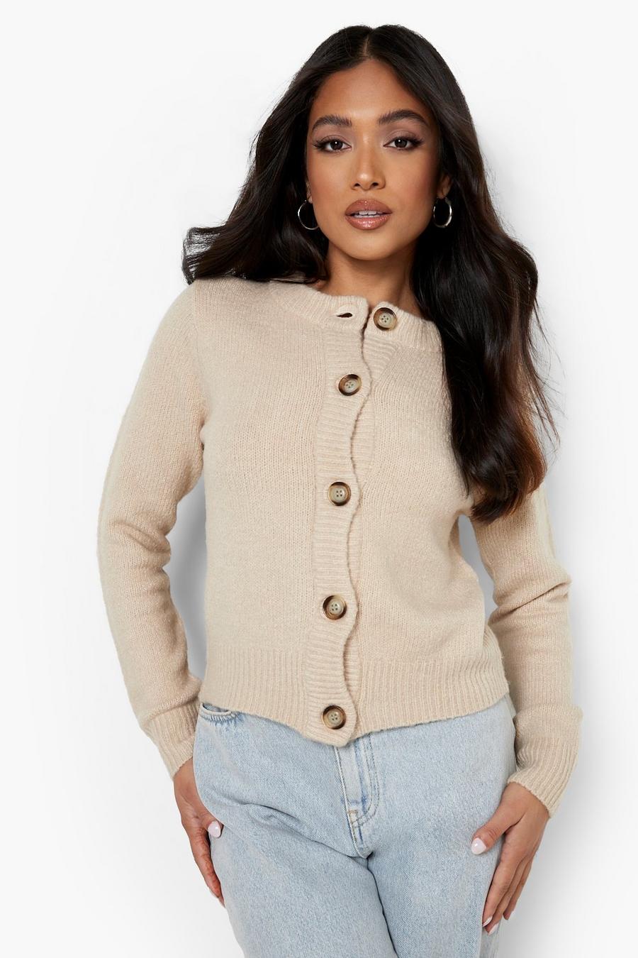 Oatmeal Petite Knitted Button Detail Cardigan image number 1