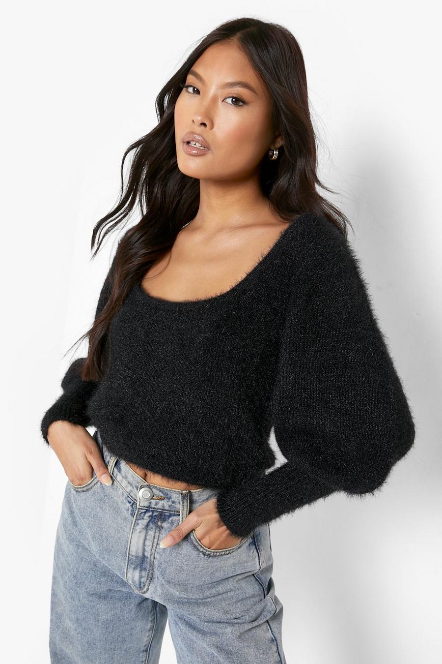 Black Petite Fluffy Knit Square Neck Crop Sweater image number 1