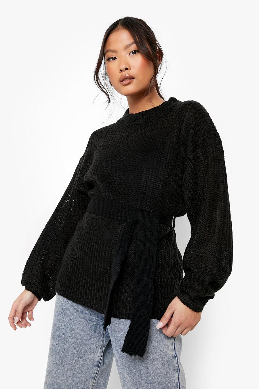 Black Petite Knitted Belted Oversized Sweater image number 1
