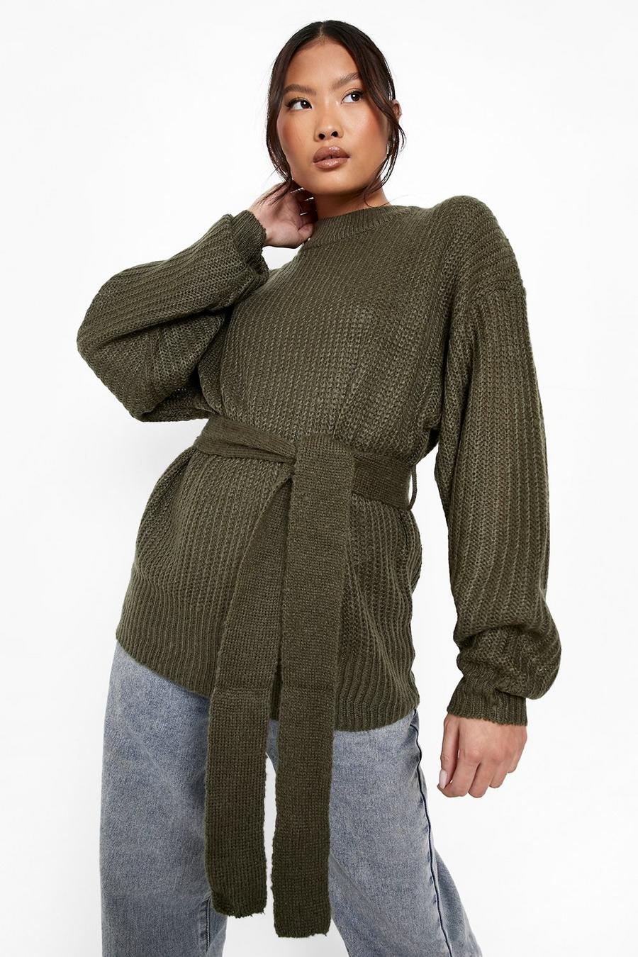 Khaki Petite Knitted Belted Oversized Jumper image number 1
