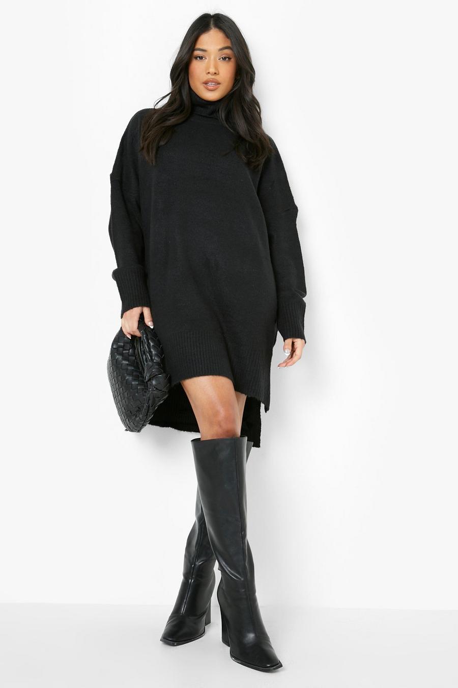 Petite Oversize Pulloverkleid mit Rollkragen, Black schwarz