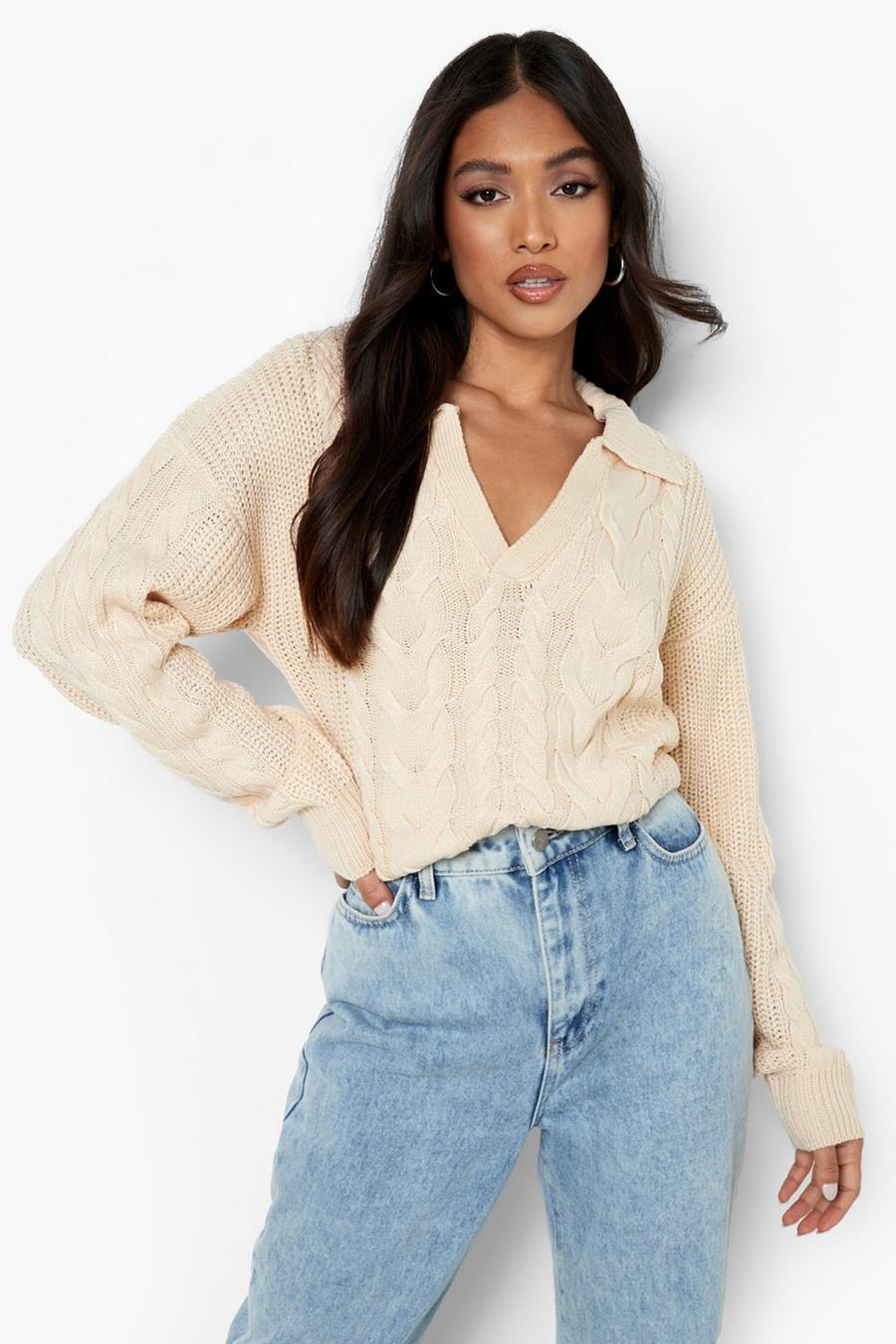 Cream Petite Cable Knit Collar Jumper image number 1