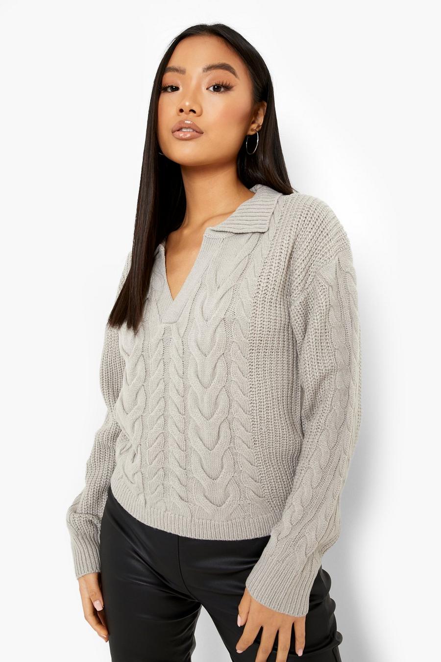 Mid grey Petite Cable Knit Collar Jumper image number 1