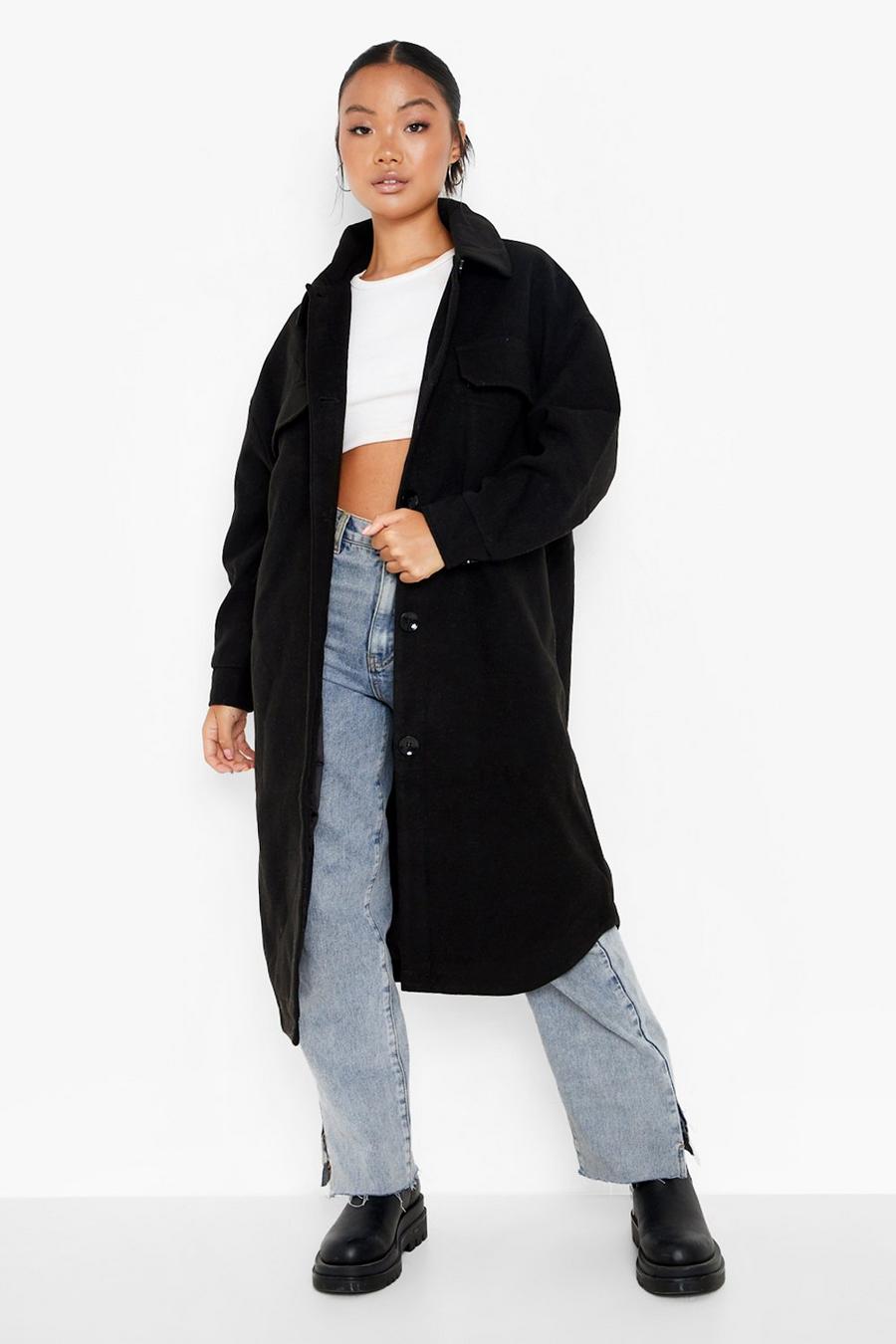 Camisa chaqueta Petite de corte largo efecto lana, Black image number 1