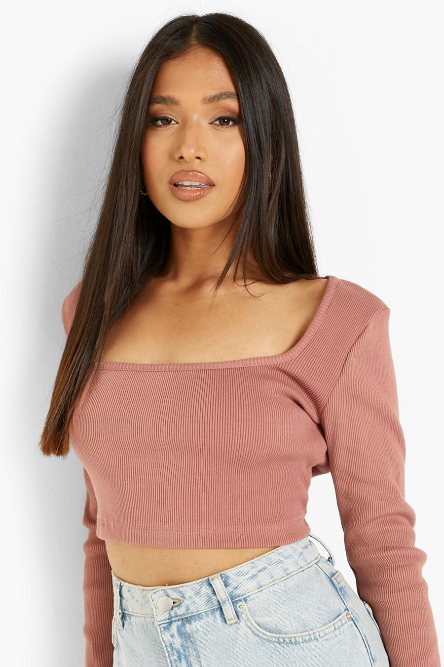 Dusty rose Petite Heavy Square Neck Long Sleeve Crop Top image number 1