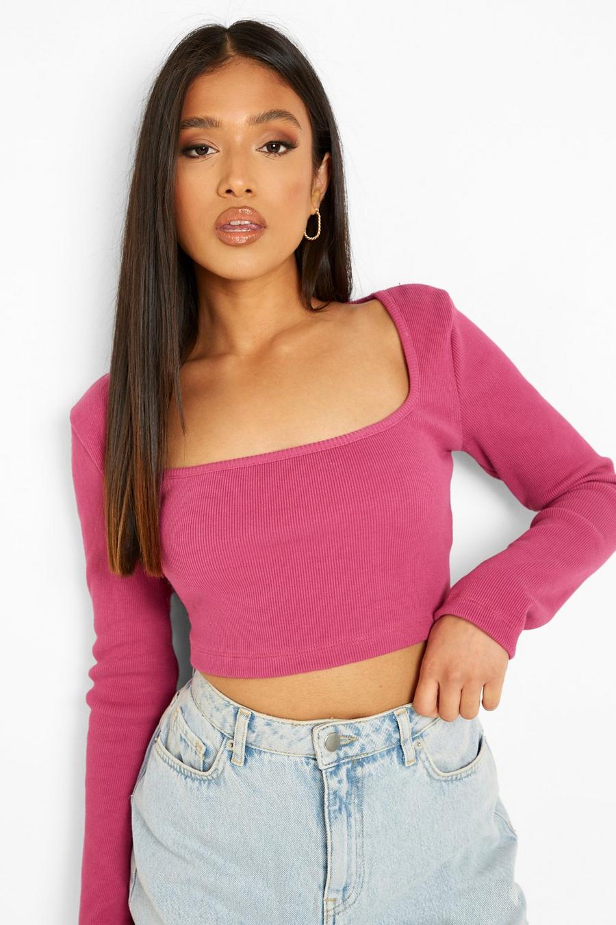 Fuchsia Petite Heavy Square Neck Long Sleeve Crop Top image number 1