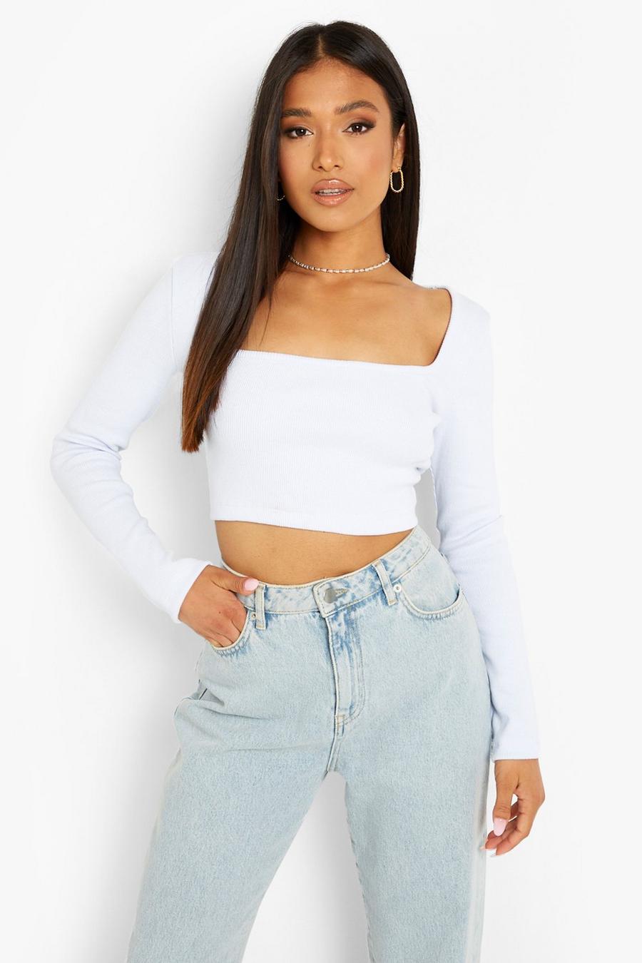 White Petite Heavy Square Neck Long Sleeve Crop Top image number 1