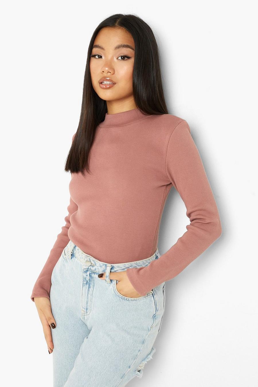 Dusty rose Petite Heavy Rib High Neck Long Sleeve Top image number 1