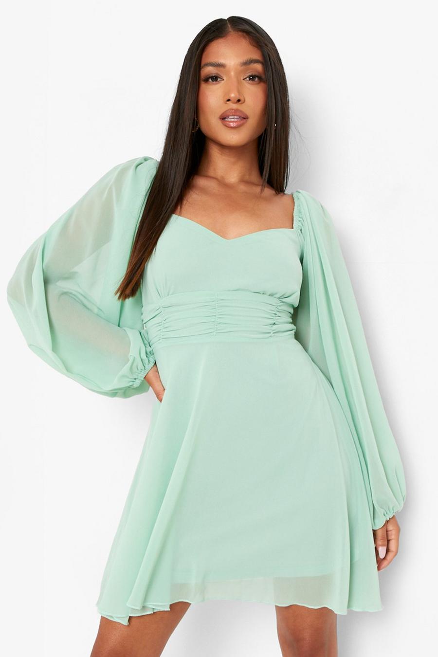 Sage Petite Woven Puff Sleeve Skater Dress image number 1