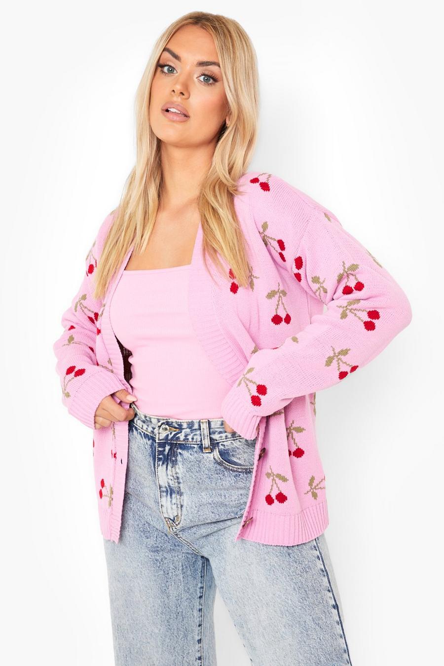 Pink Plus Cherry Print Cropped Cardigan image number 1
