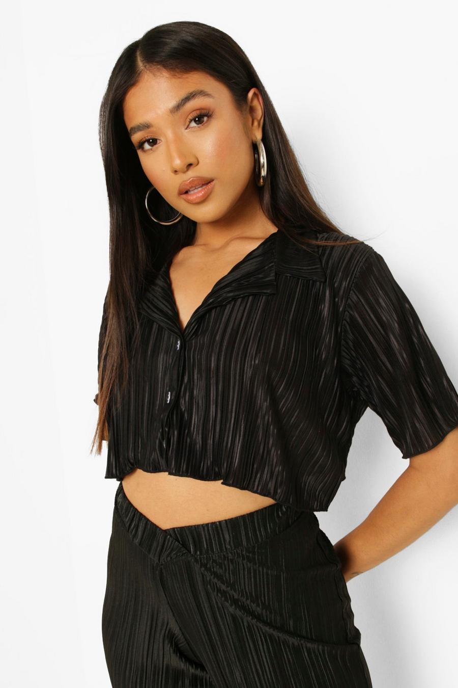 Black Petite Plisse Shirt Sleeved Crop Shirt image number 1