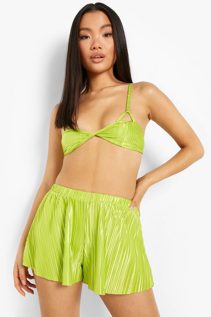 Lime Petite Plisse Twist Front Cut Out Bralet image number 1