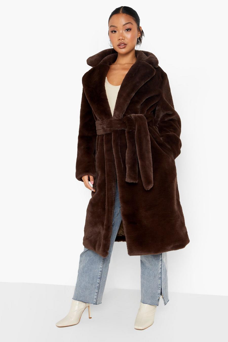 Chocolate Petite Faux Fur Belted Oversized Coat image number 1