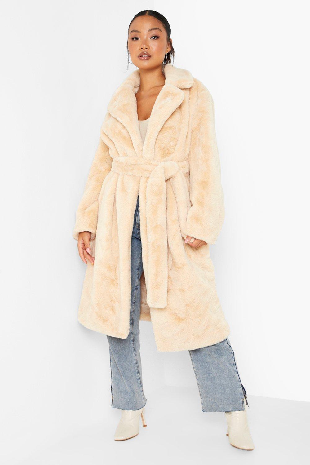 stone belted faux fur hooded robe coat