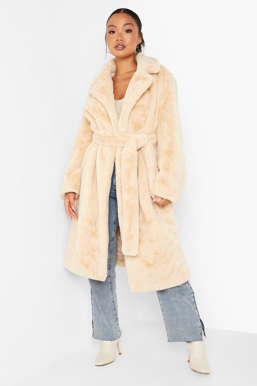 Stone Petite Faux Fur Belted Oversized Coat image number 1