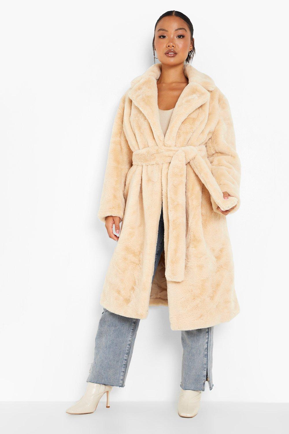 Camel Faux Fur Trim Belted Jacket – AX Paris