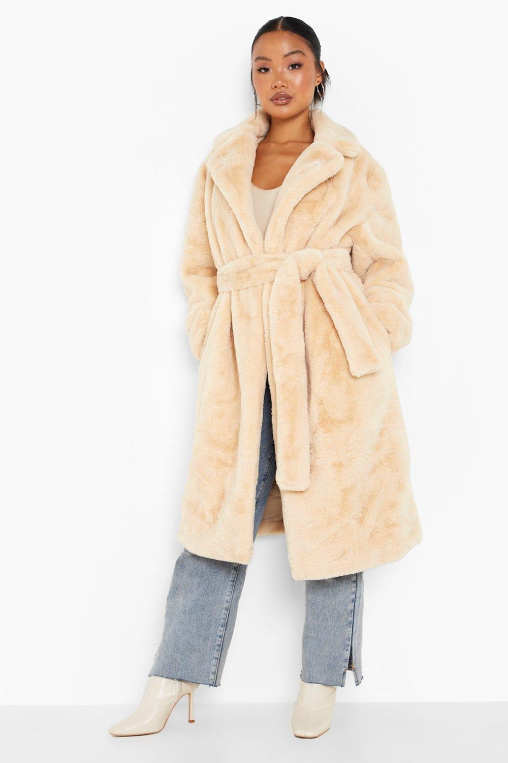 stone belted faux fur hooded robe coat