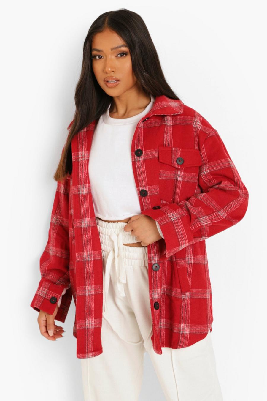 Red Petite Brushed Check Shacket image number 1