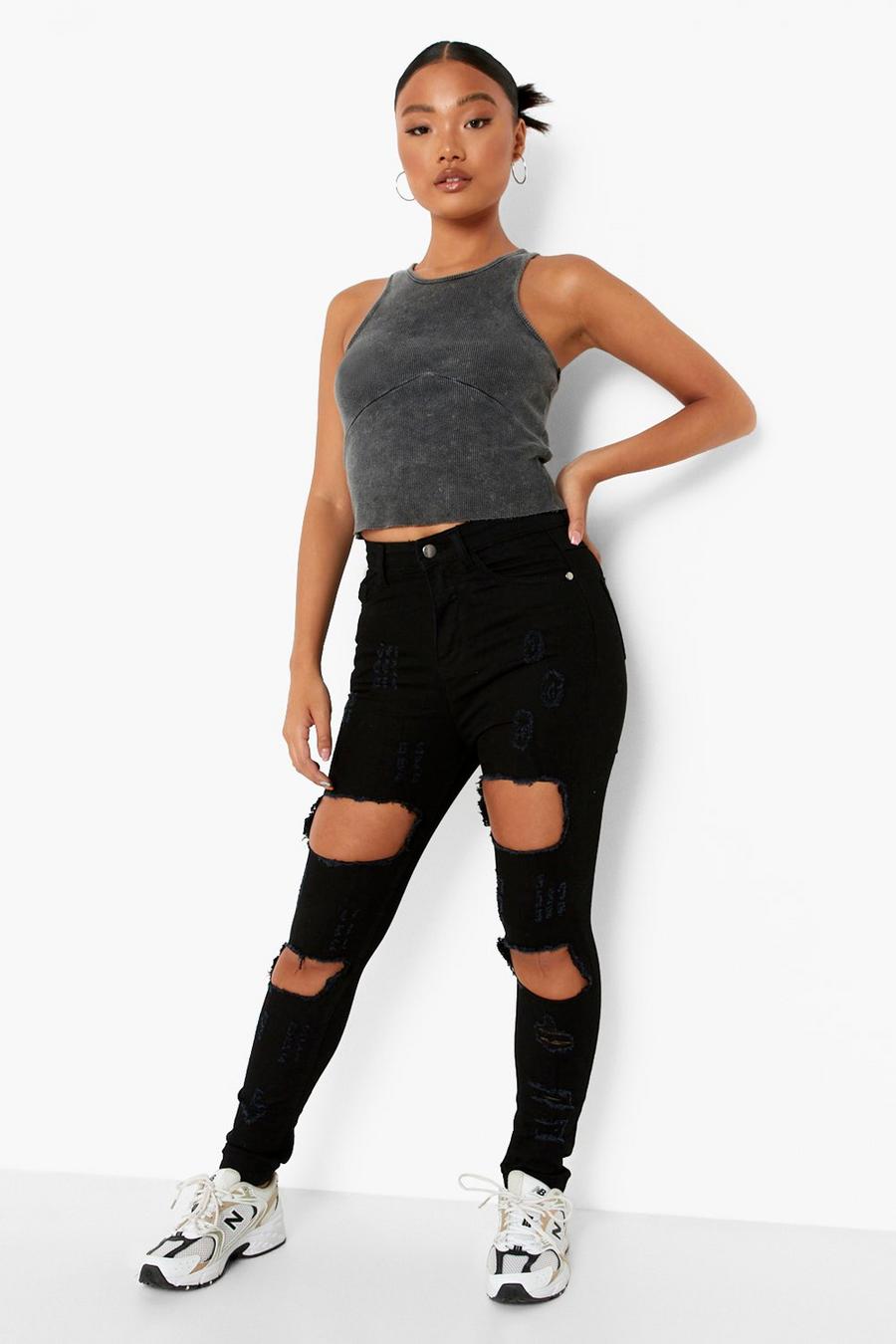 Washed black Petite Distressed High Waist Skinny Jeans image number 1