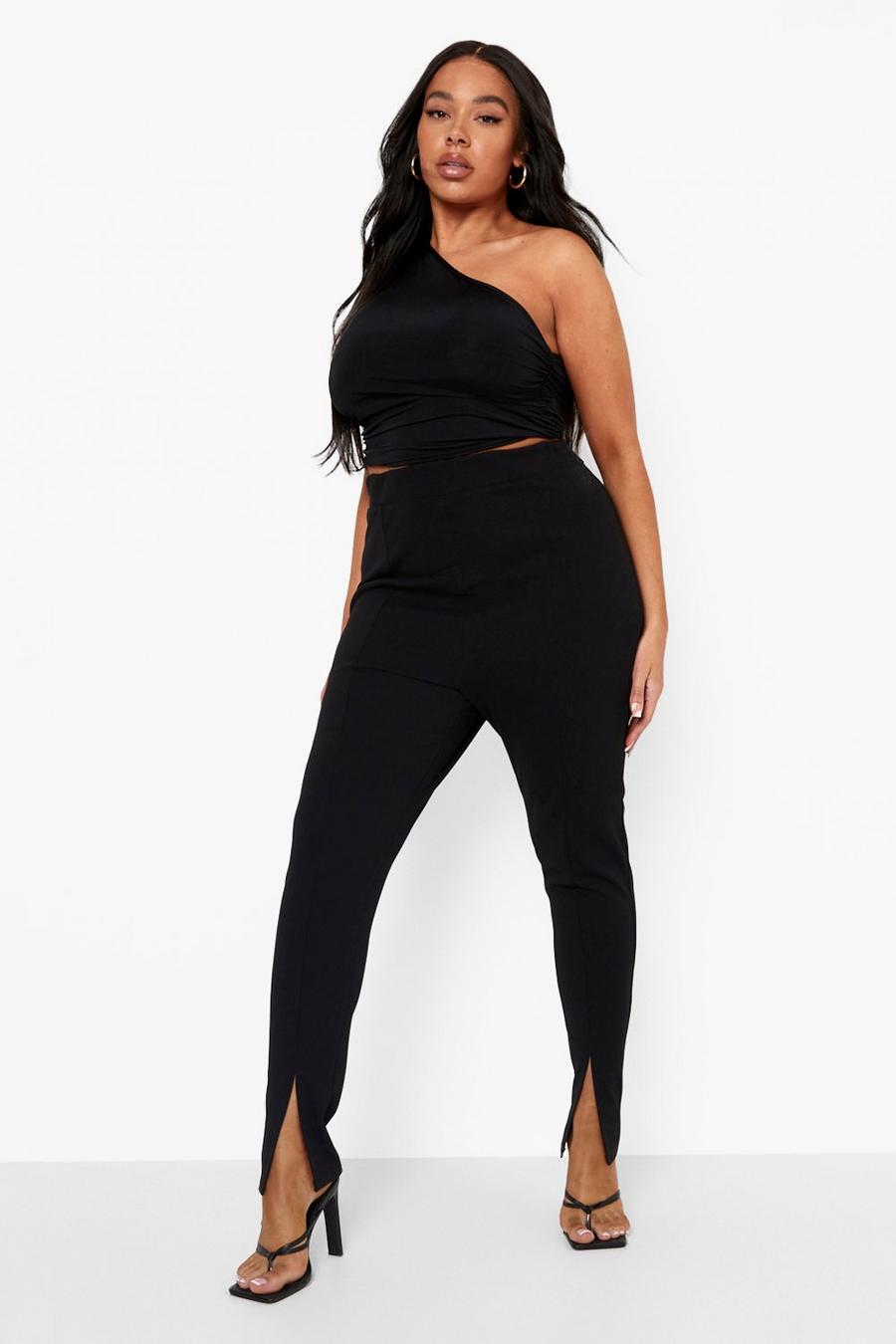 Pantaloni Plus Size Slim Fit a vita alta con spacco, Black image number 1