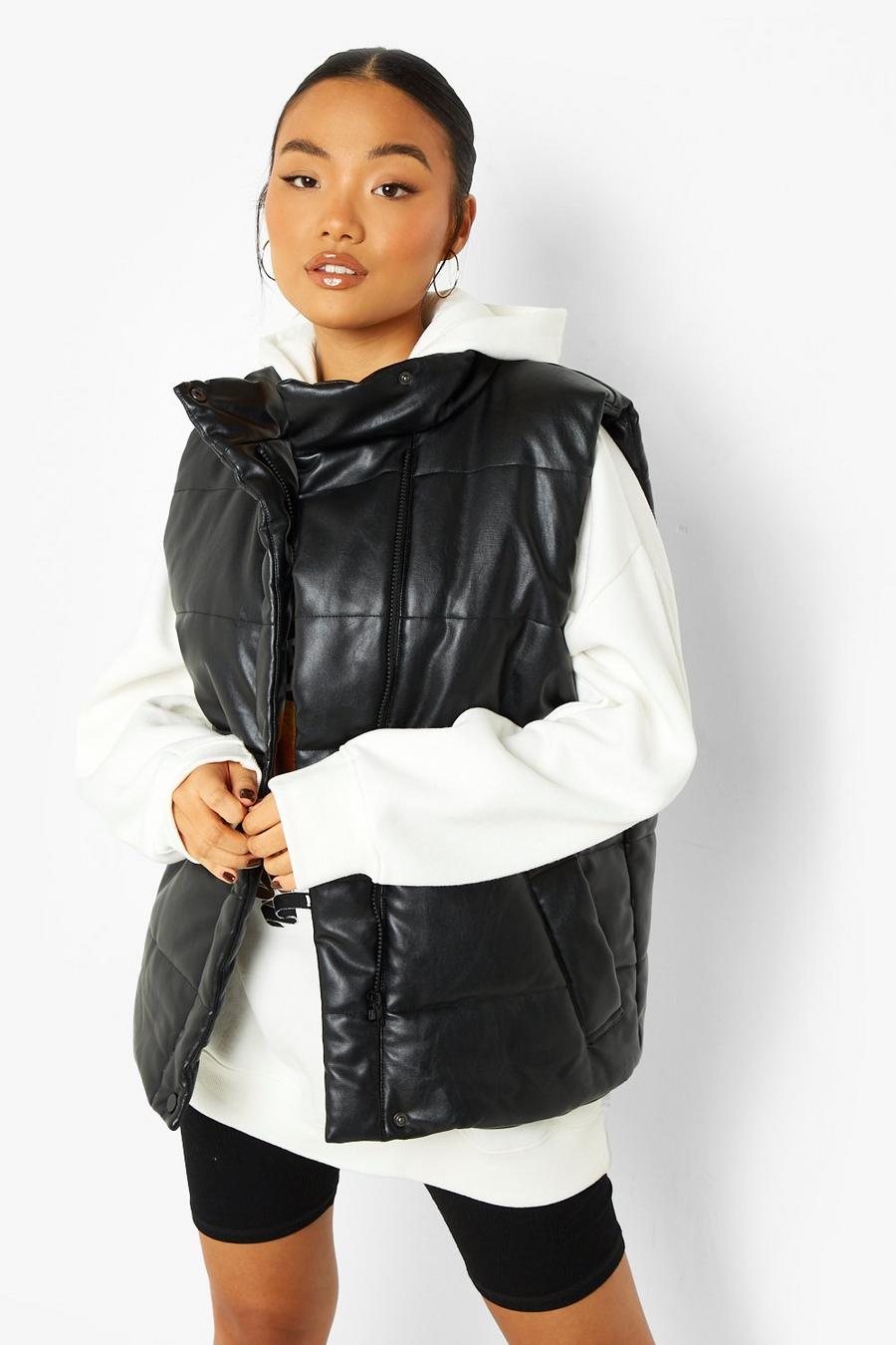 Black Petite Matte Faux Leather Puffer Gilet image number 1
