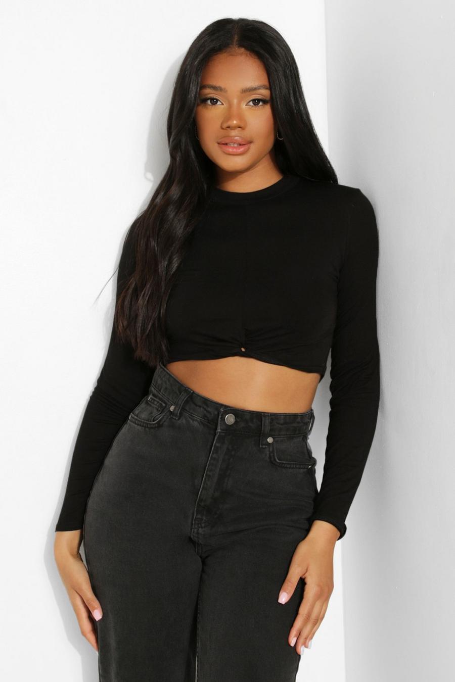 Black Petite Long Sleeve Knot Front Cropped T-shirt image number 1