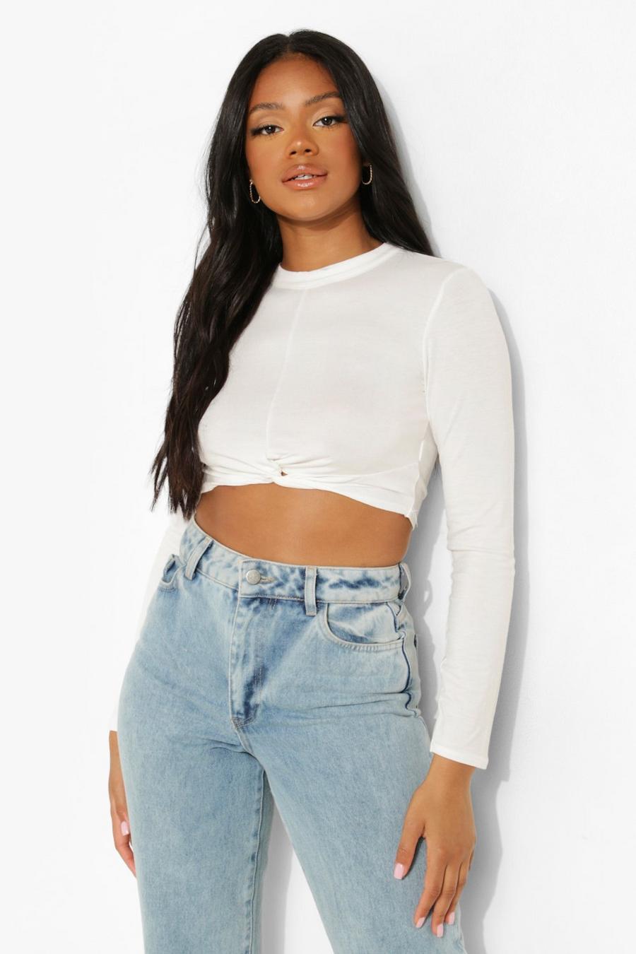 White Petite Long Sleeve Knot Front Cropped T-shirt image number 1