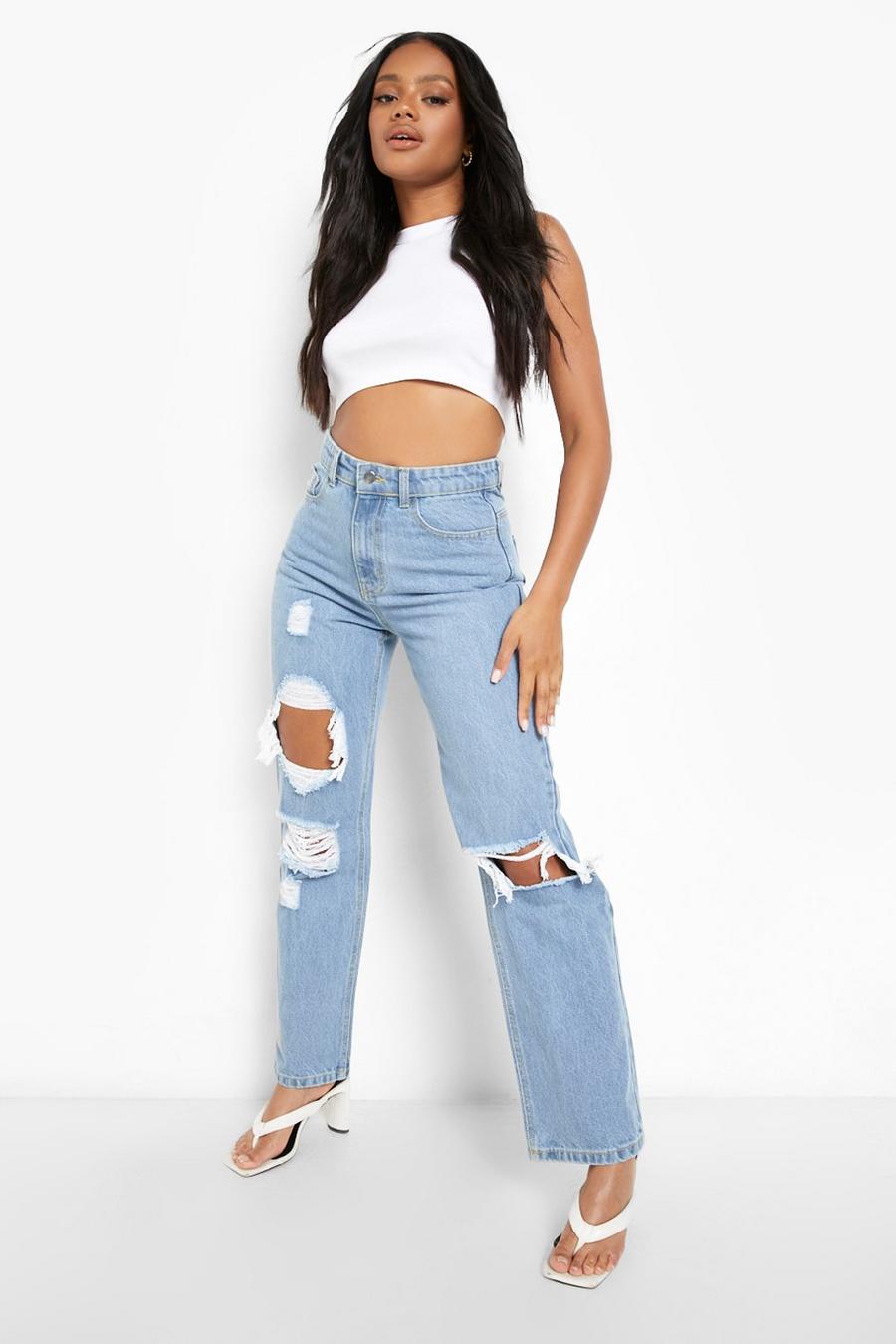 Bleach wash Petite 90's Straight Leg Ripped Jeans asymmetric image number 1
