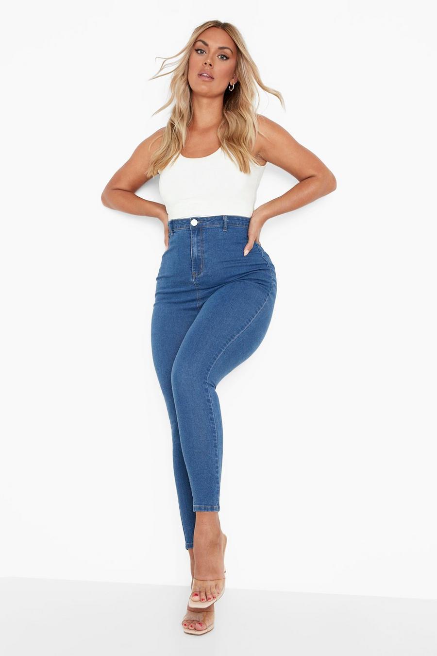 Plus geraffte Booty-Boost Disco-Jeans, Mid blue image number 1