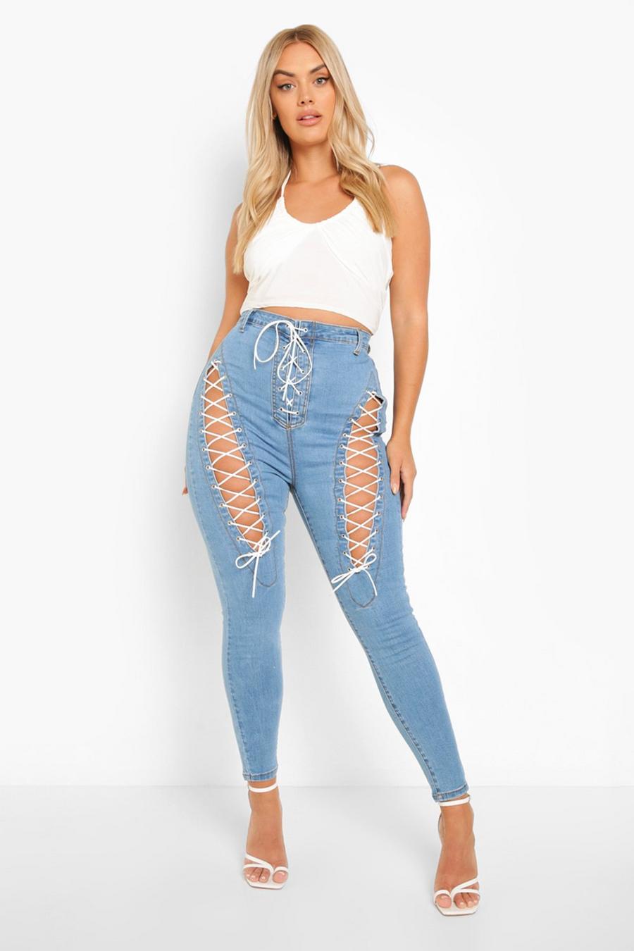 Mid blue Plus Extreme Lace Up Skinny Jeans image number 1