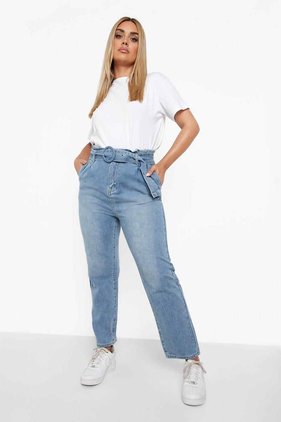 Light wash Plus Paperbag Buckle Classic Mom Jeans image number 1