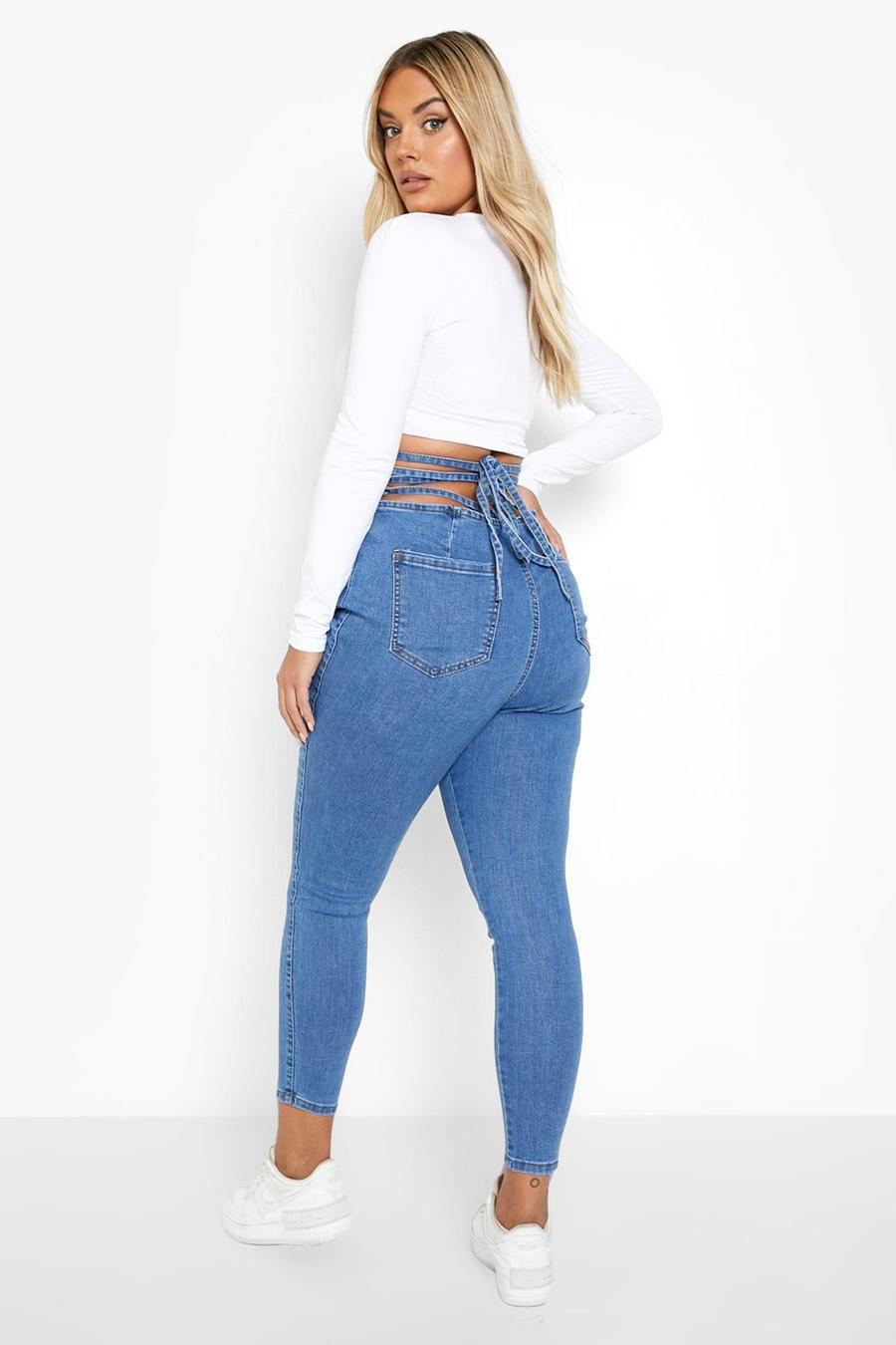 Mid blue Plus Tie Back Bum Shaper Skinny Jeans image number 1