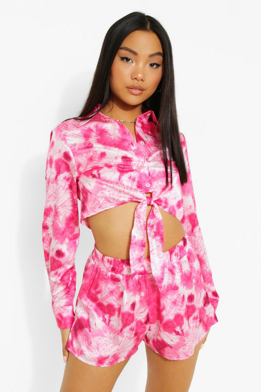 Pink Petite Tie Dye Knot Front Shirt image number 1