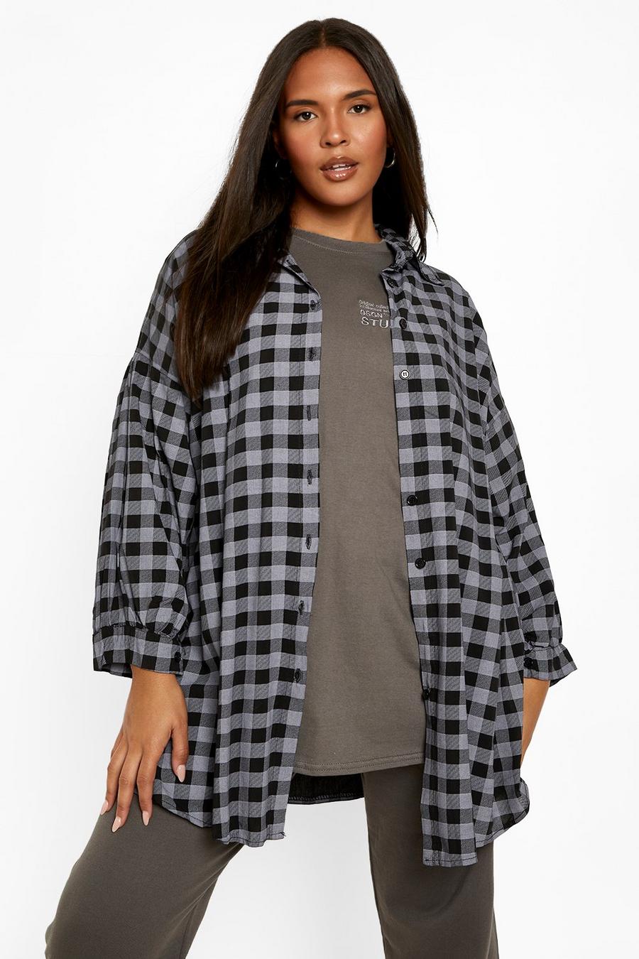Black Plus Flannel Textured Oversized Longline Shirt image number 1