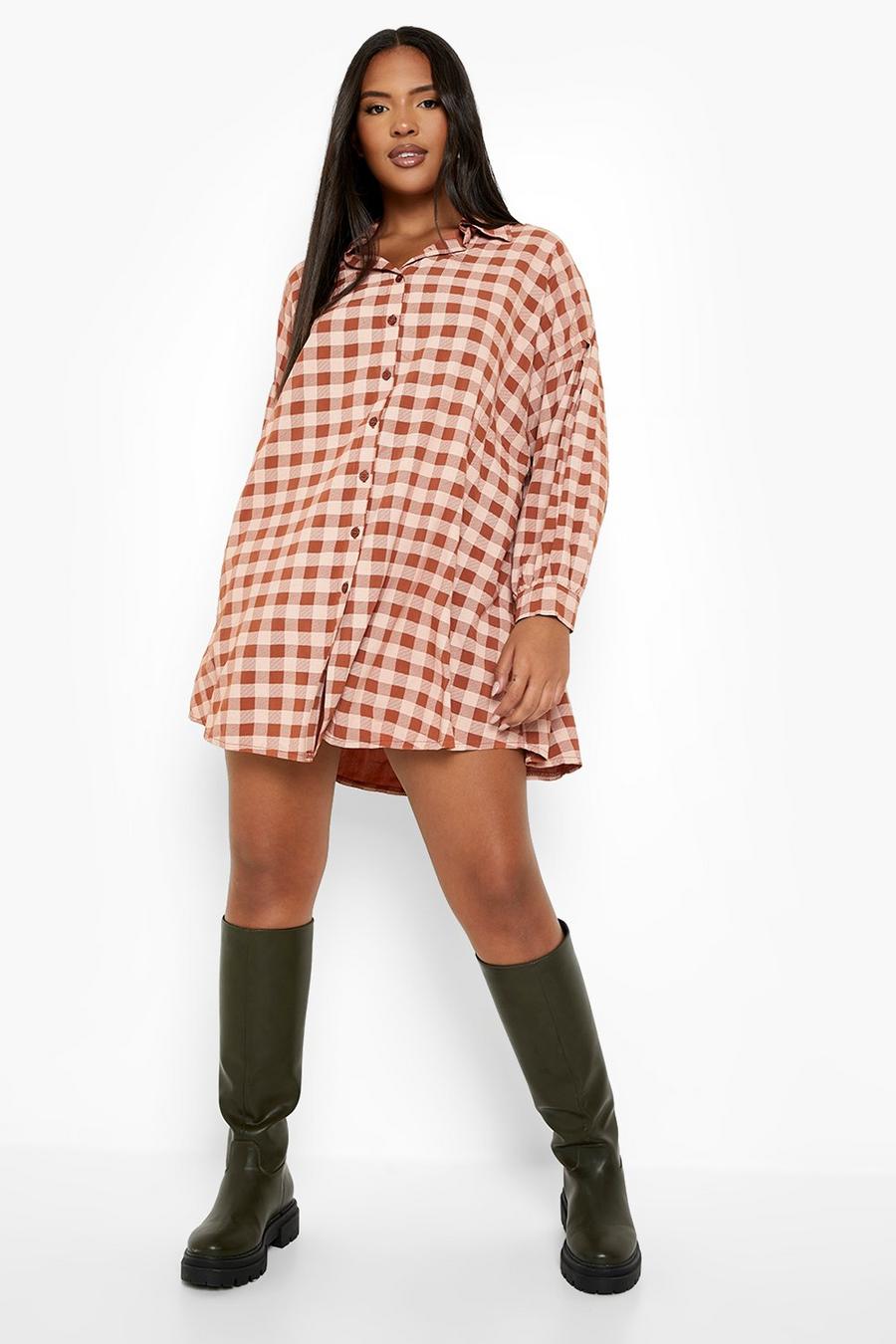 Rust Plus Check Textured Oversized Longline Shirt image number 1