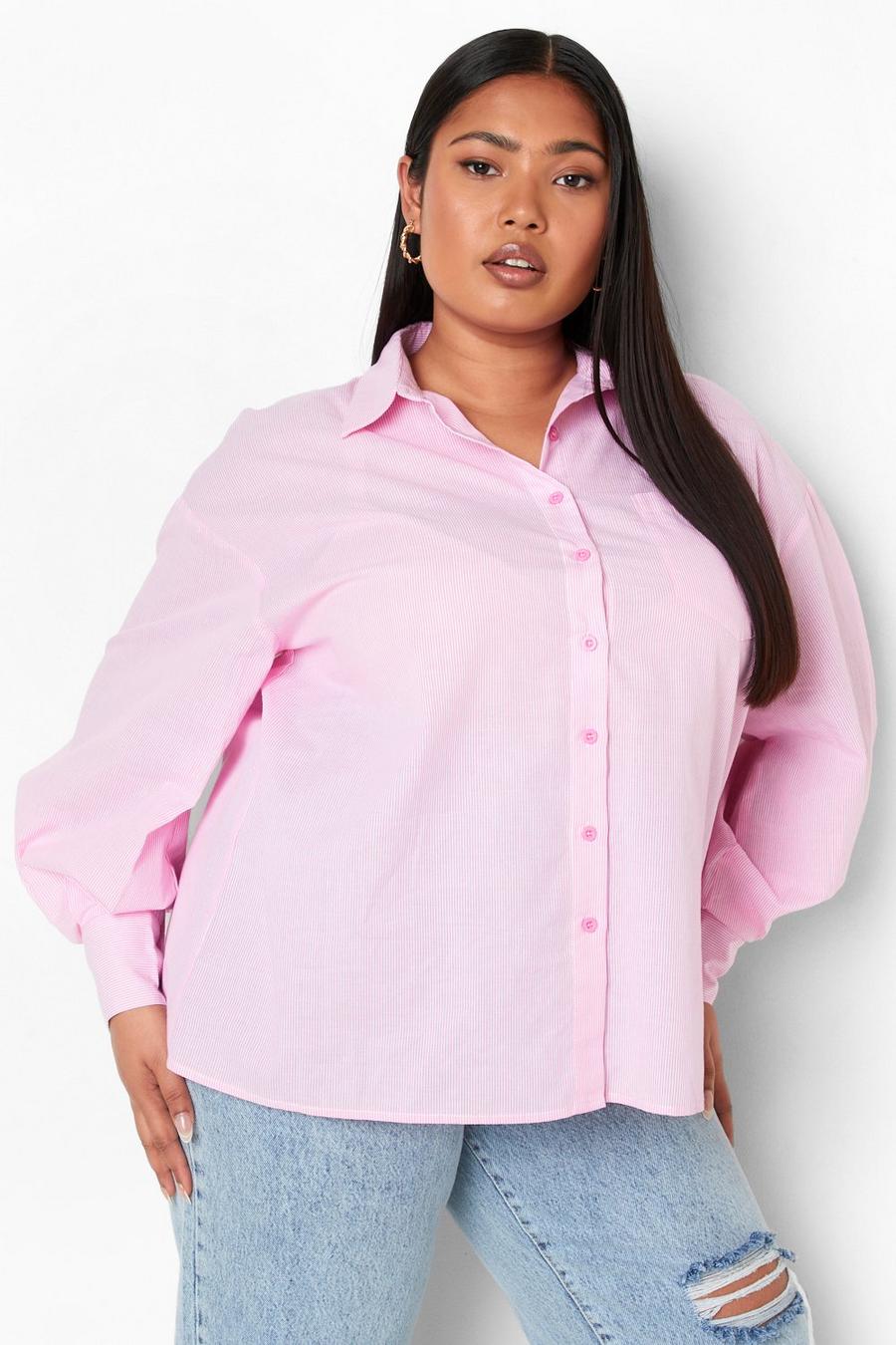 Baby pink Plus Balloon Sleeve Striped Shirt image number 1