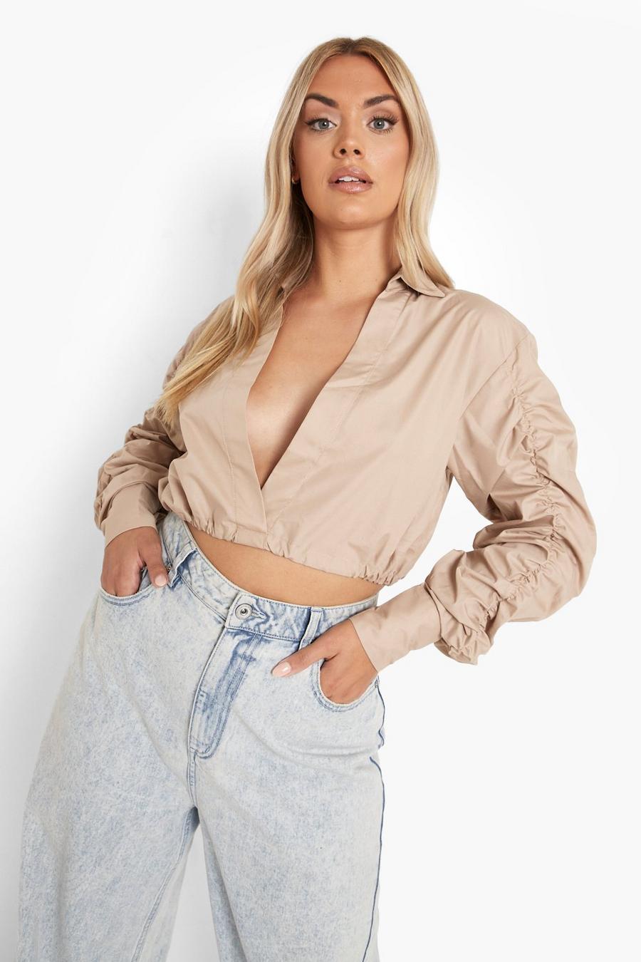 Stone Plus Ruched Sleeve Crop Shirt image number 1