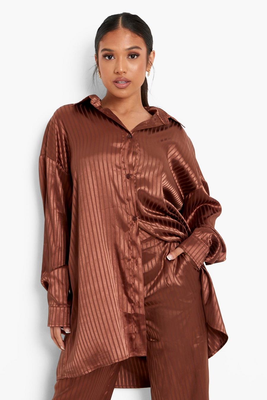 Charcoal Petite Stripe Satin Oversized Shirt image number 1