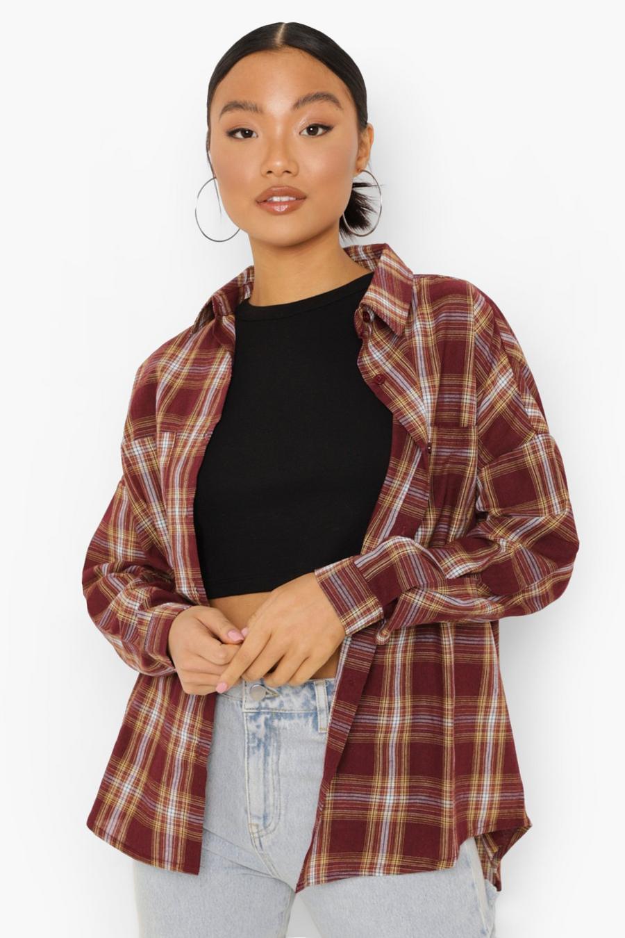 Maroon Petite Oversized Flannel Shirt image number 1