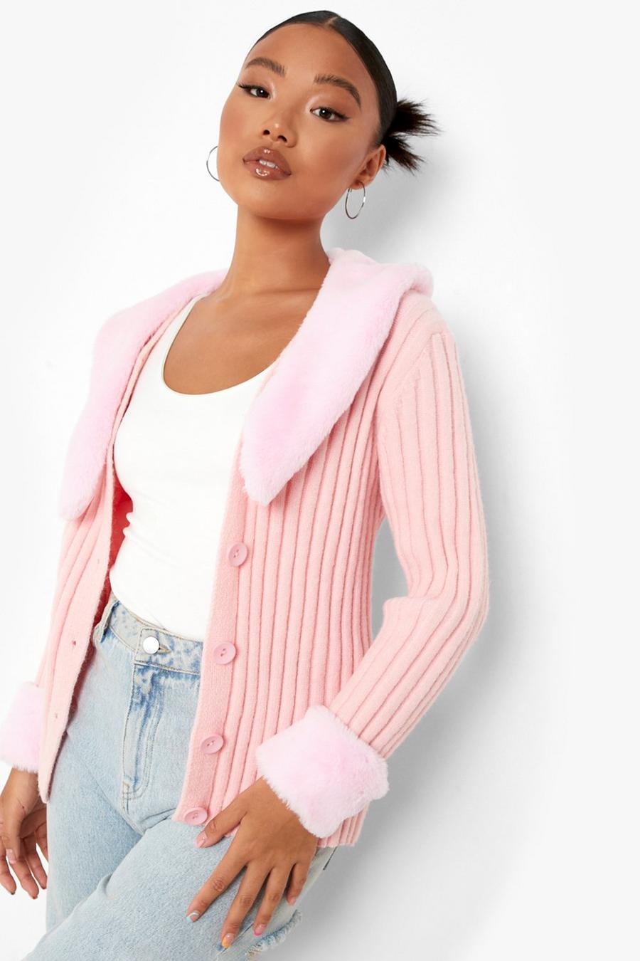 Baby pink rose Petite Faux Fur Collar And Cuff Cardigan
