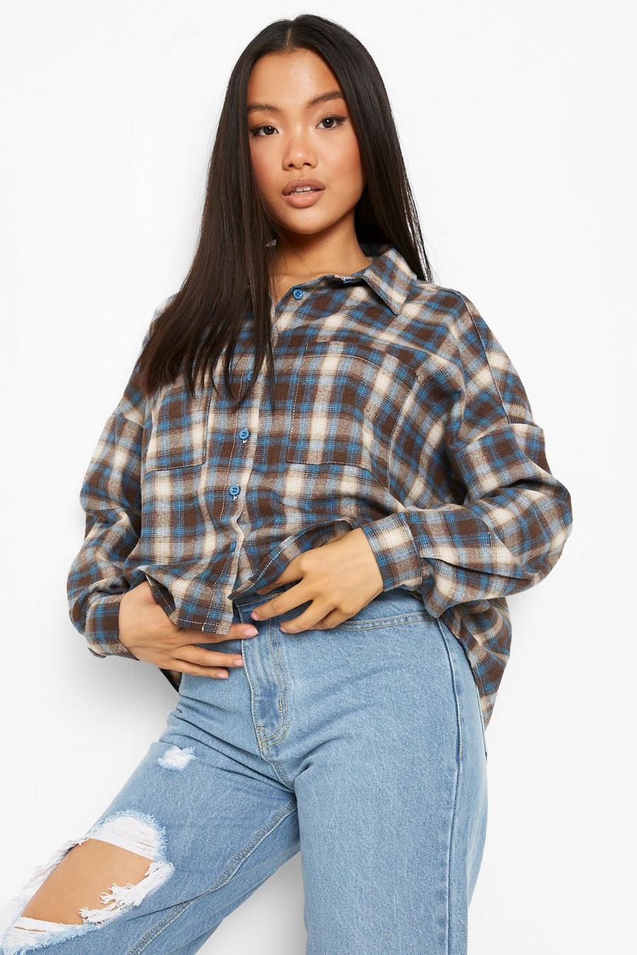 Blue Petite Oversized Cropped Check Shirt image number 1