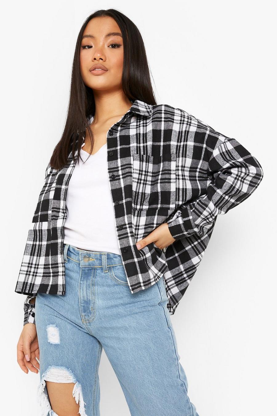 Black Petite Oversized Cropped Flannel Shirt image number 1